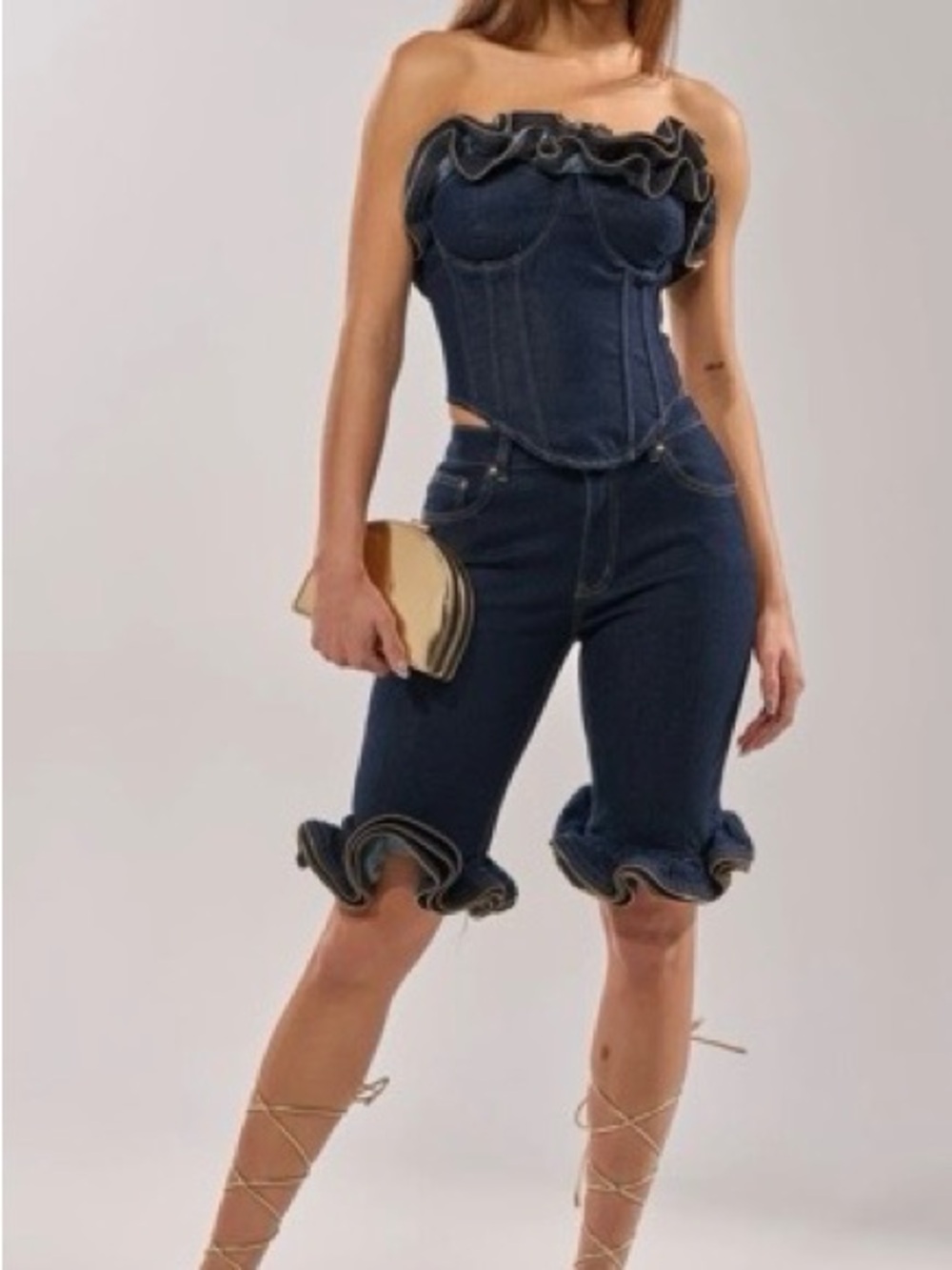 Denim Ruffle Corset Short Set - Picture 2 of 8